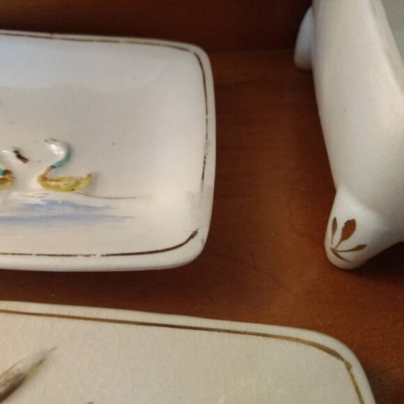 Vintage Ceramic Ashtray and Cigarette Holder Set Mallard Duck Trinket Dishes - Picture 8 of 10